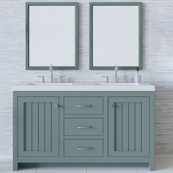 60.5 in Chamiree sage bathroom vanity with cabinet, 6 drawers, satin nickel hardware, white sink top installed in bathroom