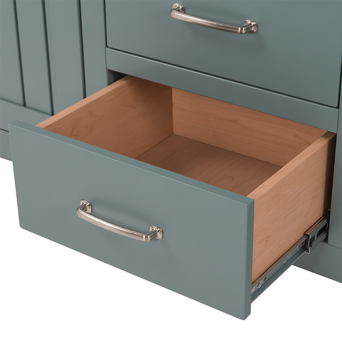 Open drawer on 60.5 in Chamiree sage bathroom vanity with cabinet, 6 drawers, satin nickel hardware, white sink top