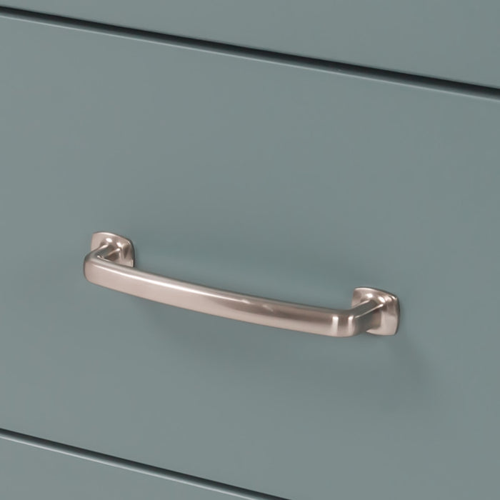 Satin nickel drawer handle on 60.5 in Chamiree sage bathroom vanity with cabinet, 6 drawers, satin nickel hardware, white sink top