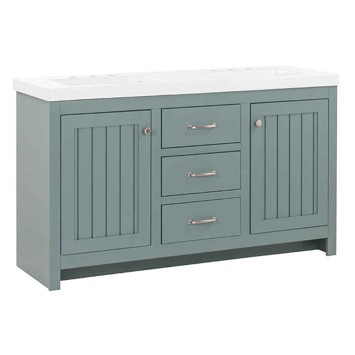 Angled view of 60.5 in Chamiree sage bathroom vanity with cabinet, 6 drawers, satin nickel hardware, white sink to