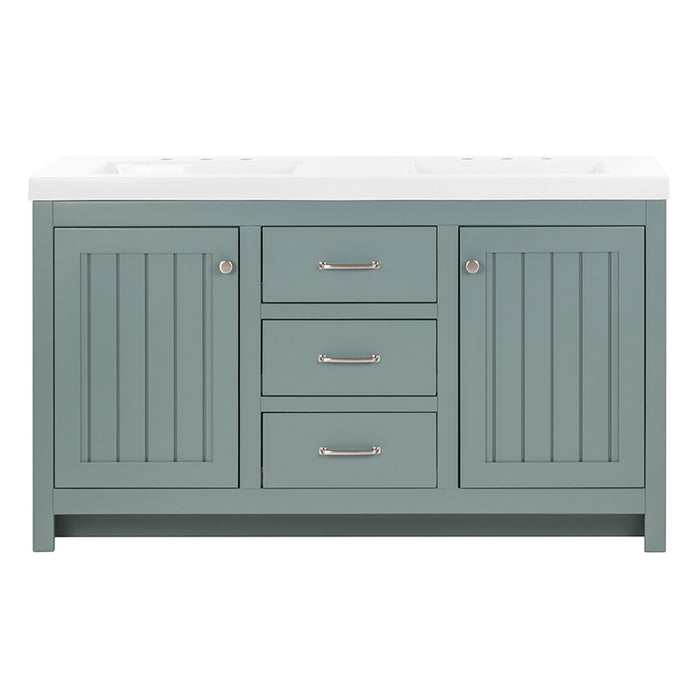 60.5 in Chamiree sage bathroom vanity with cabinet, 6 drawers, satin nickel hardware, white sink top