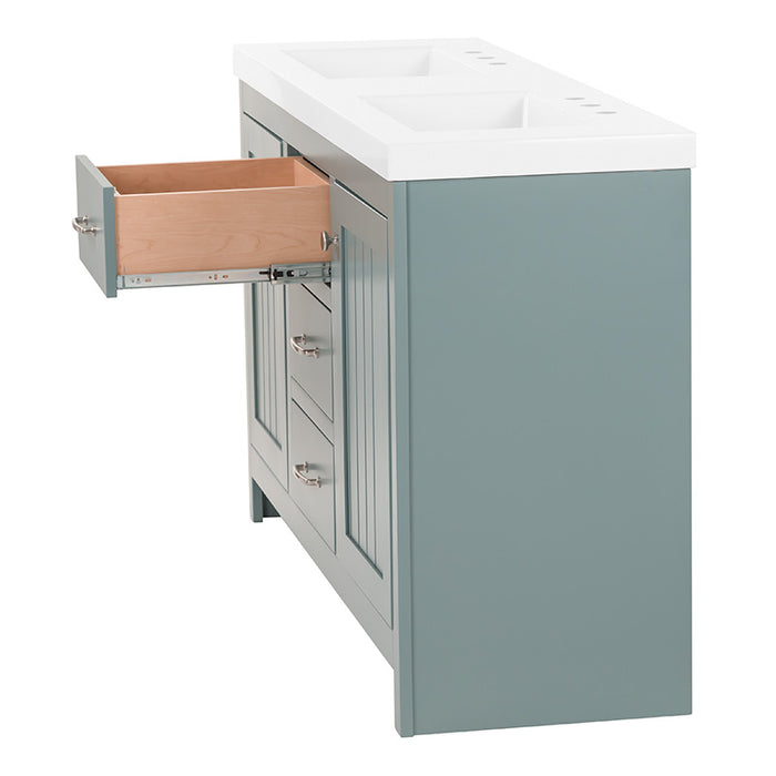 Side closeup on 60.5 in Chamiree sage bathroom vanity with cabinet, 6 drawers, satin nickel hardware, white sink top