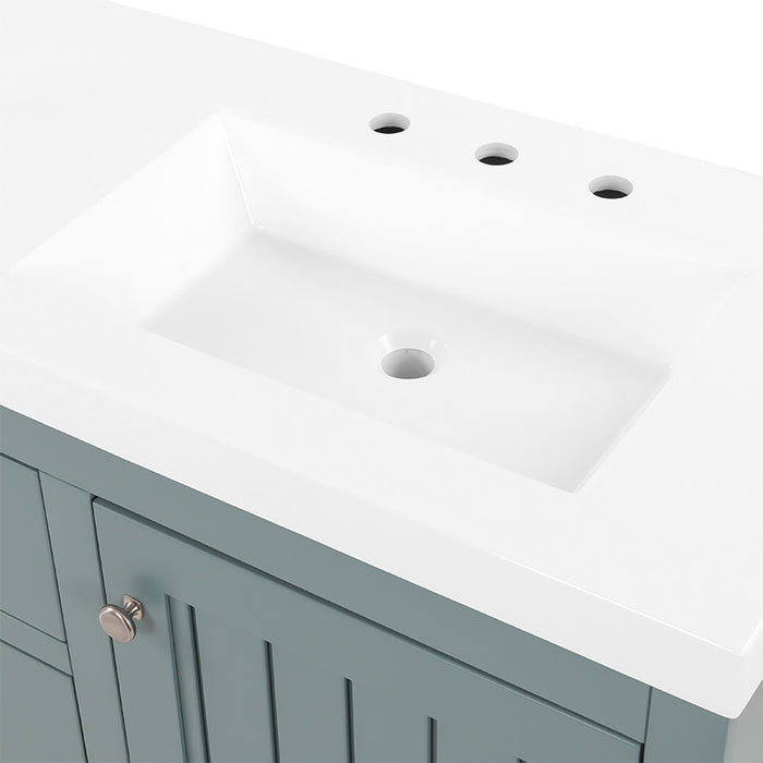 Predrilled sink top on 60.5 in Chamiree sage bathroom vanity with cabinet, 6 drawers, satin nickel hardware, white sink top