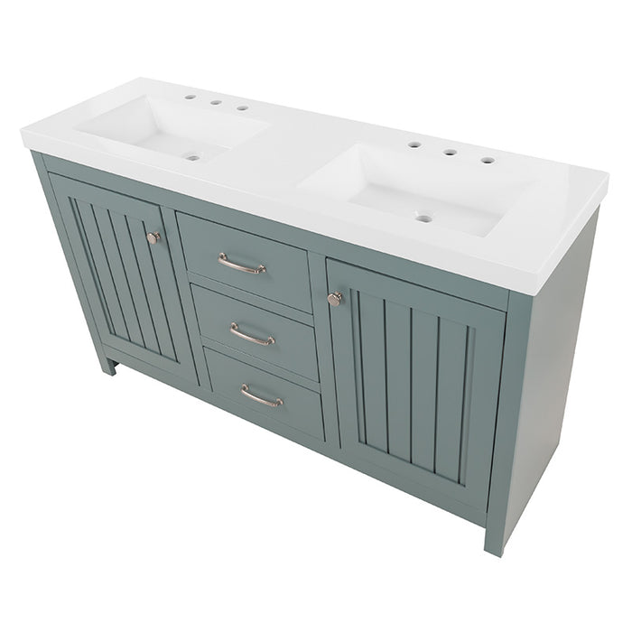 Top view of 60.5 in Chamiree sage bathroom vanity with cabinet, 6 drawers, satin nickel hardware, white sink top