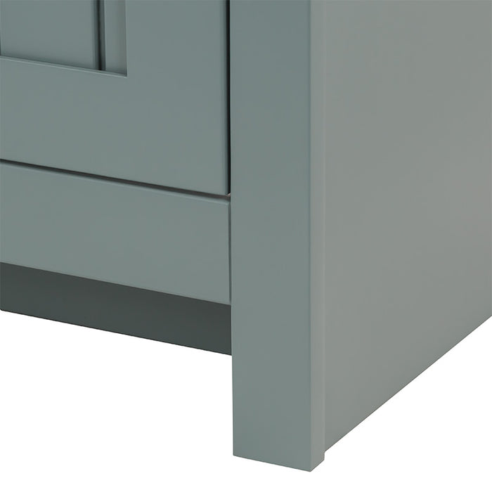 Toekick on 60.5 in Chamiree sage bathroom vanity with cabinet, 6 drawers, satin nickel hardware, white sink top