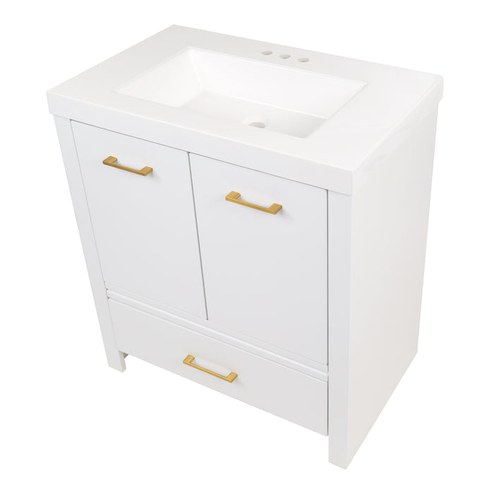 Top view of Hali 30.5 small white bathroom vanity with 2-door cabinet, 1 drawer, brushed gold hardware, white sink top