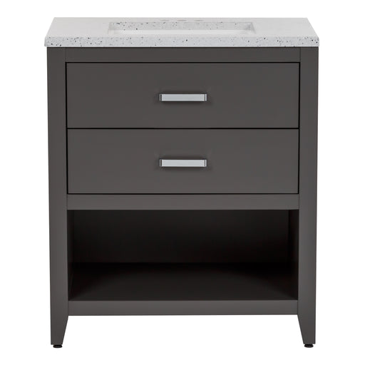 30.5 inch Alda gray bathroom vanity with silver ash granite-look top, polished chrome handles, 2 drawers, open shelf, adjustable legs