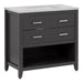 Angled view of 36.5 inch Alda gray bathroom vanity with silver ash granite-look top, polished chrome handles, 2 drawers, open shelf, adjustable legs