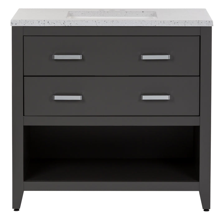 36.5 inch Alda gray bathroom vanity with silver ash granite-look top, polished chrome handles, 2 drawers, open shelf, adjustable legs