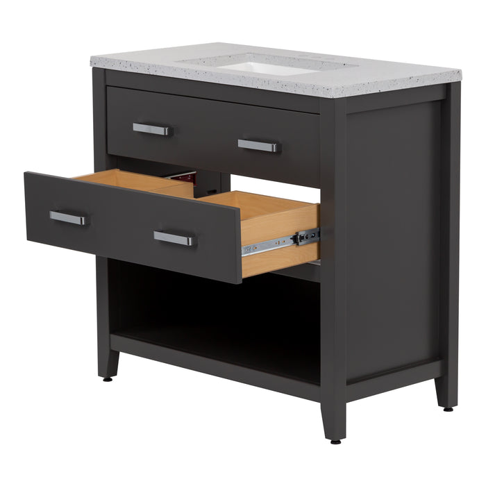 Angled view with drawer open of 36.5 inch Alda gray bathroom vanity with silver ash granite-look top, polished chrome handles, 2 drawers, open shelf, adjustable legs