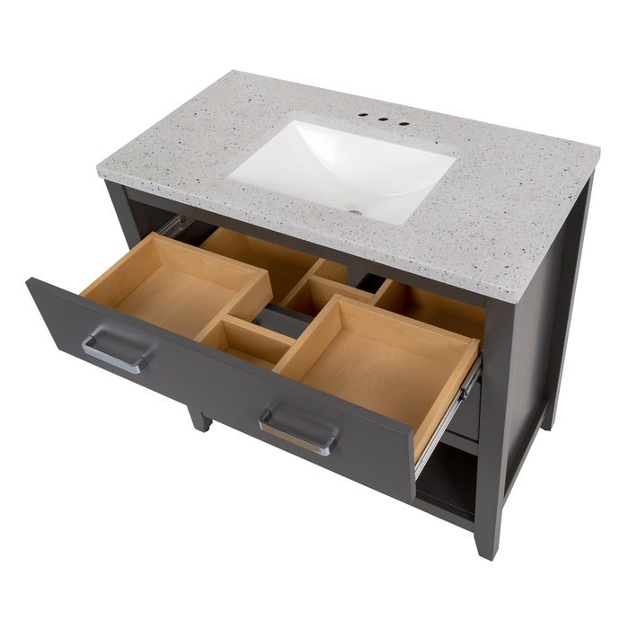 Top view with open drawer on 36.5 inch Alda gray bathroom vanity with silver ash granite-look top, polished chrome handles, 2 drawers, open shelf, adjustable legs