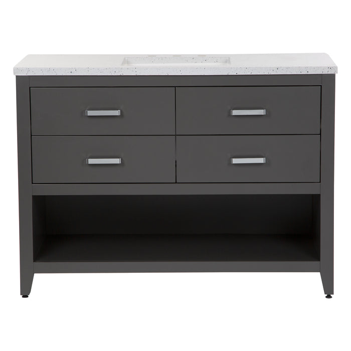 48.5 inch Alda gray bathroom vanity with silver ash granite-look top, polished chrome handles, 4 drawers, open shelf, adjustable legs