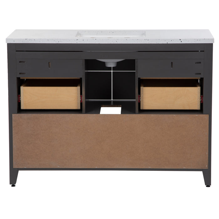 Open back on 48.5 inch Alda gray bathroom vanity with silver ash granite-look top, polished chrome handles, 4 drawers, open shelf, adjustable legs