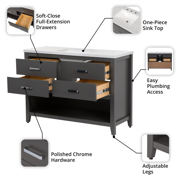 Features of 48.5 inch Alda gray bathroom vanity with silver ash granite-look top, polished chrome handles, 4 drawers, open shelf, adjustable legs