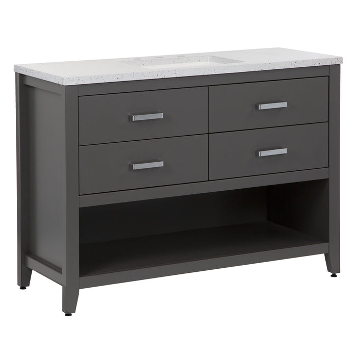 Angled view of 48.5 inch Alda gray bathroom vanity with silver ash granite-look top, polished chrome handles, 4 drawers, open shelf, adjustable legs