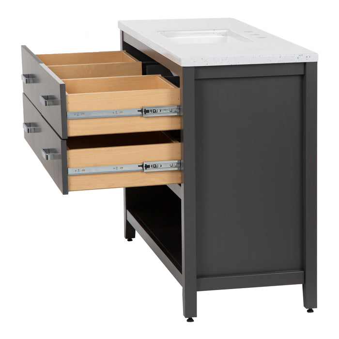 Angled view with drawers open on 48.5 inch Alda gray bathroom vanity with silver ash granite-look top, polished chrome handles, 4 drawers, open shelf, adjustable legs