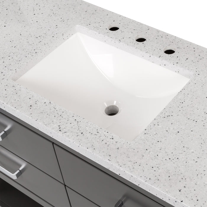 Predrilled granite-look sink top on 48.5 inch Alda gray bathroom vanity with silver ash granite-look top, polished chrome handles, 4 drawers, open shelf, adjustable legs