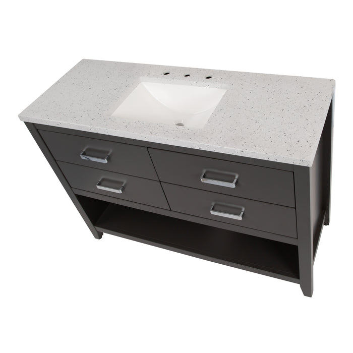 Top view of 48.5 inch Alda gray bathroom vanity with silver ash granite-look top, polished chrome handles, 4 drawers, open shelf, adjustable legs