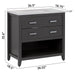 Measurements of 36.5 inch Alda gray bathroom vanity with silver ash granite-look top, polished chrome handles, 2 drawers, open shelf, adjustable legs: 36.5 in W x 18.75 in D x 35.6 in H