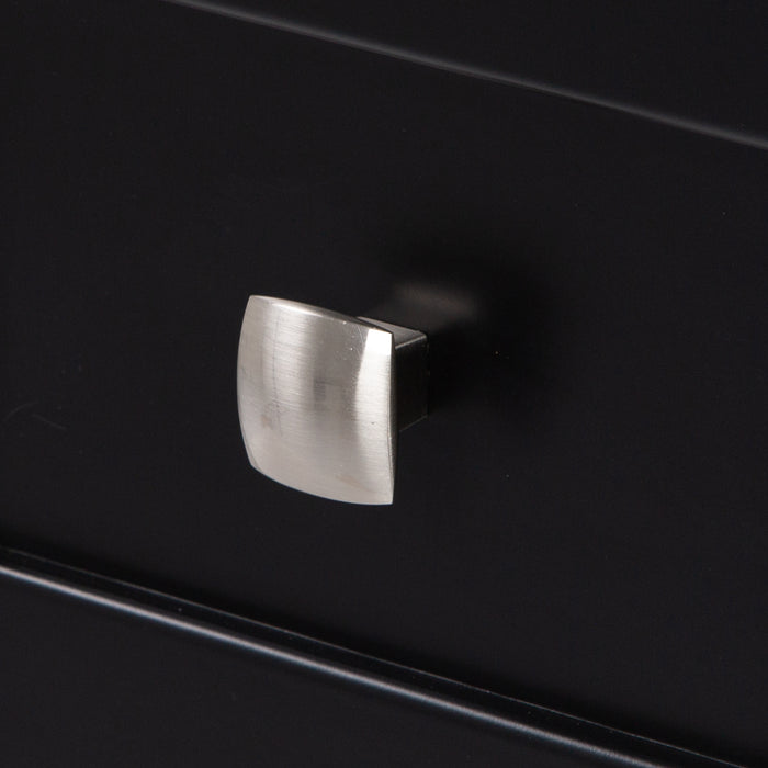 Close-up of the fine grain nickel pull on the soft-close drawers of the Beckett 37" wide powder room vanity in black cabinet finish