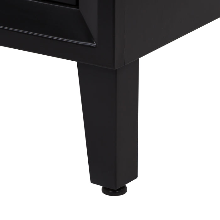 Image shows adjustable tapered cabinet leg for Beckett 37" wide powder room vanity with black cabinet finish