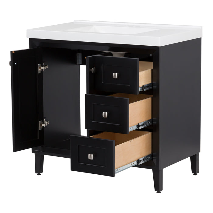 Image shows the Beckett 37" wide powder room vanity in black cabinet finish with both soft-close cabinet doors opened and all three cabinet drawers extended