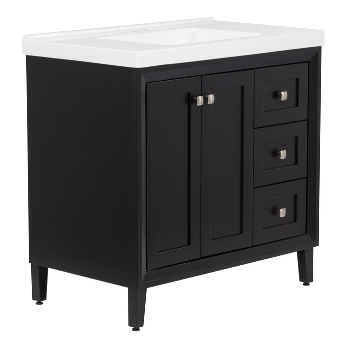 Angled side view image of the Beckett 37" wide powder room vanity in black cabinet finish with white sink top, 2 soft-close doors, 3 drawers, and fine grain nickel pulls