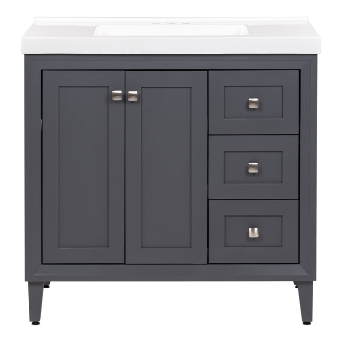 Beckett 37" wide powder room vanity with gray cabinet finish, white sink top, 2 soft-close doors, 3 drawers, and fine grain nickel pulls