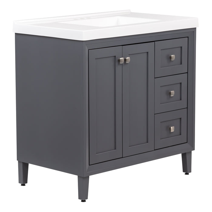 Angled side view image of the Beckett 37" wide powder room vanity in gray cabinet finish with white sink top, 2 soft-close doors, 3 drawers, and fine grain nickel pulls