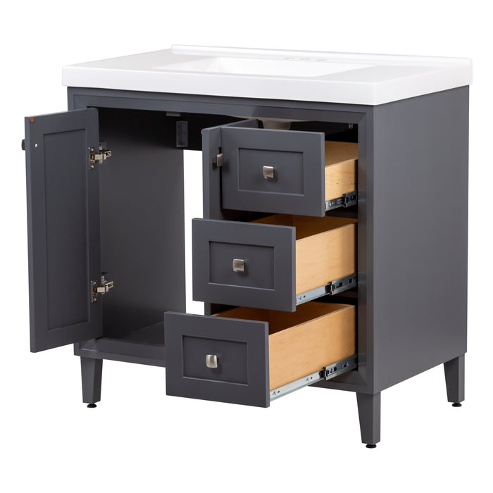 Image shows the Beckett 37" wide powder room vanity in gray cabinet finish with both soft-close cabinet doors opened and all three cabinet drawers extended