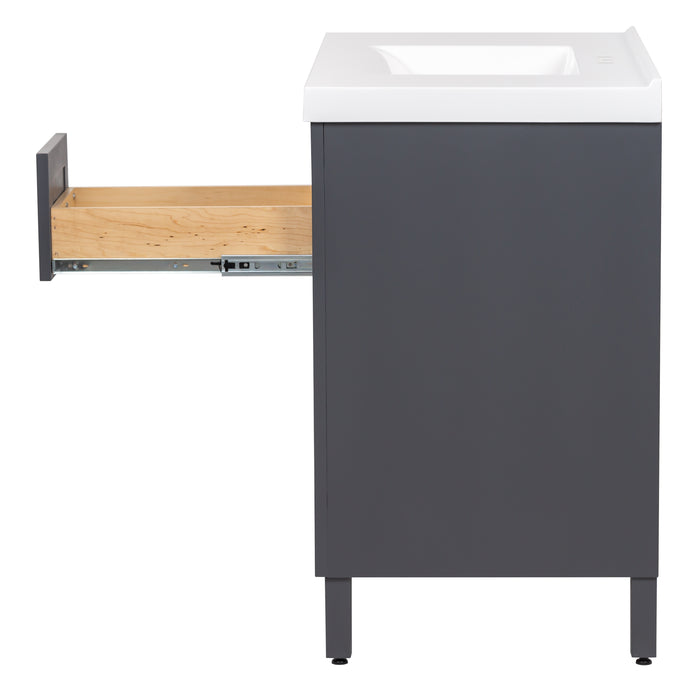 Sideview of Beckett 37" wide powder room vanity in gray with top drawer extended