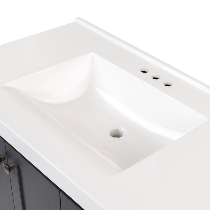 View of the white, predrilled sink top of Beckett 37" wide powder room vanity