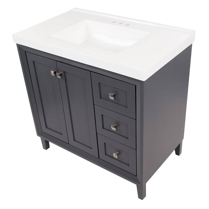 Top-down view of the Beckett 37" wide powder room vanity with gray cabinet finish and fine grain nickel pull, white, predrilled sink top, 2 soft-close doors, 3 drawers, and fine grain nickel pulls.