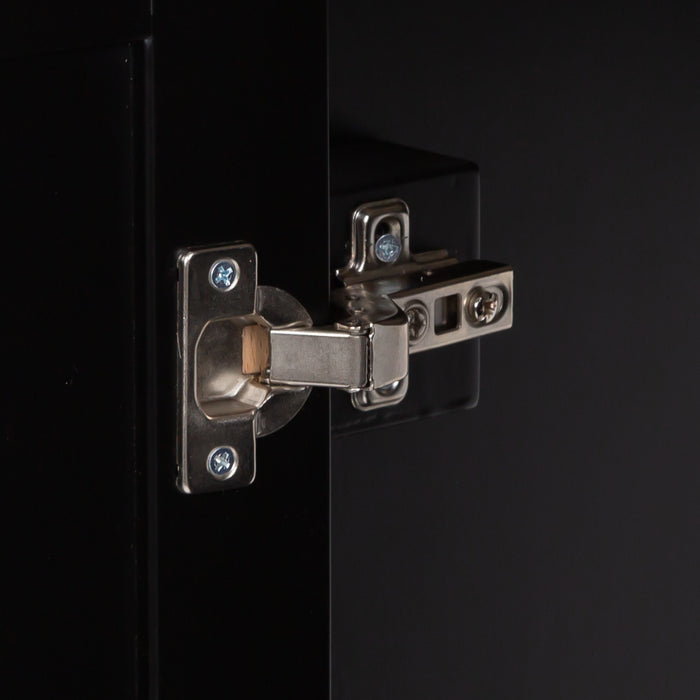 Image shows soft-close cabinet door hinge for Beckett 49" wide furniture-style bathroom vanity with black cabinet finish