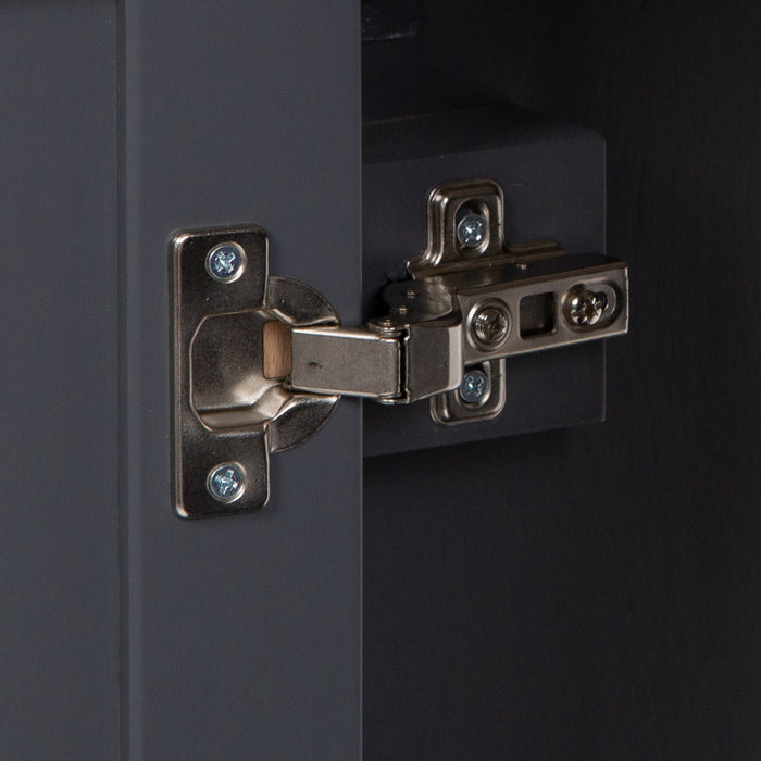 Image shows soft-close cabinet door hinge for Beckett 49" wide furniture-style bathroom vanity with gray cabinet finish