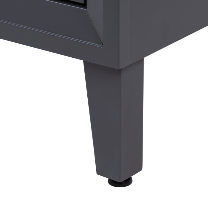 Image shows adjustable tapered cabinet leg for Beckett 49" wide furniture-style bathroom vanity with gray cabinet finish