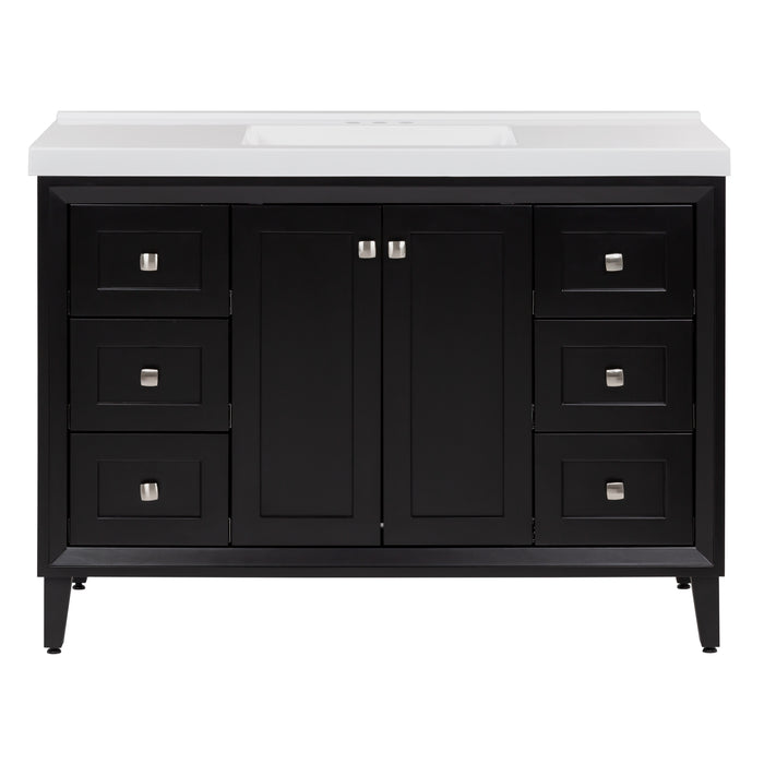 Beckett 49" wide furniture-style bathroom vanity with black cabinet finish, 2 Shaker-style soft-close cabinet doors, predrilled white cultured marble countertop with integrated sink, 6 full-extension drawers, and fine grain nickel pulls