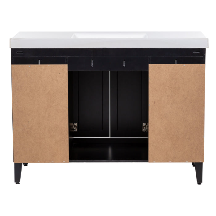 View of the open-back design of the Beckett 49" wide furniture-style bathroom vanity with black cabinet finish, which allows for quick installation around your existing plumbing