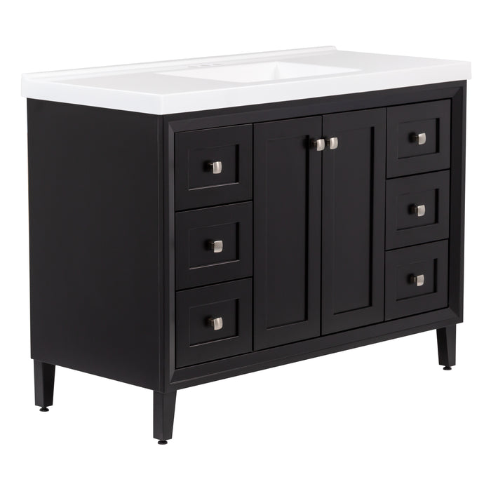 Angled side view image of the Beckett 49" wide furniture-style bathroom vanity with black cabinet finish with white sink top, 2 soft-close doors, 6 drawers, and fine grain nickel pulls