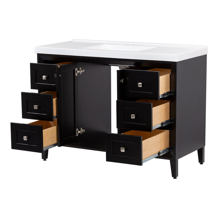 Image shows the Beckett 49" wide furniture-style bathroom vanity with black cabinet finish with both soft-close cabinet doors opened and all six cabinet drawers extended