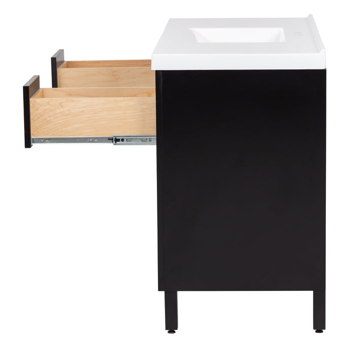 Side view of Beckett 49" wide furniture-style bathroom vanity with black cabinet finish with top drawers extended