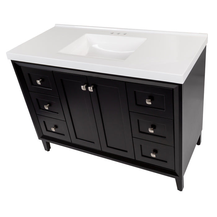 Angled top-down view of the Beckett 49" wide furniture-style bathroom vanity with black cabinet finish and fine grain nickel pull, white, predrilled sink top, 2 soft-close doors, 6 drawers, and fine grain nickel pulls