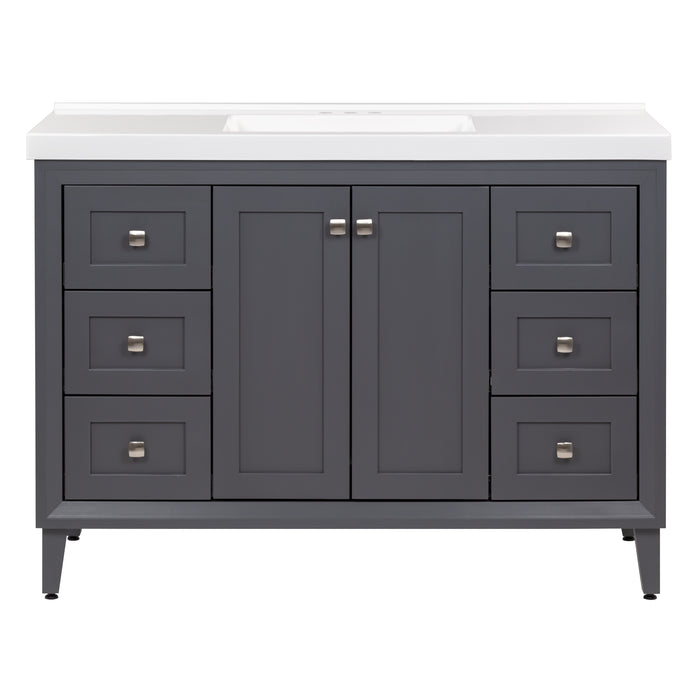 Beckett 49" wide furniture-style bathroom vanity with gray cabinet finish, 2 Shaker-style soft-close cabinet doors, predrilled white cultured marble countertop with integrated sink, 6 full-extension drawers, and fine grain nickel pulls