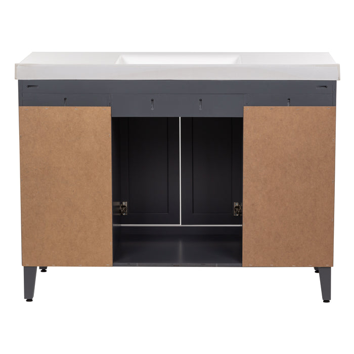 View of the open-back design of the Beckett 49" wide furniture-style bathroom vanity with gray cabinet finish, which allows for quick installation around your existing plumbing