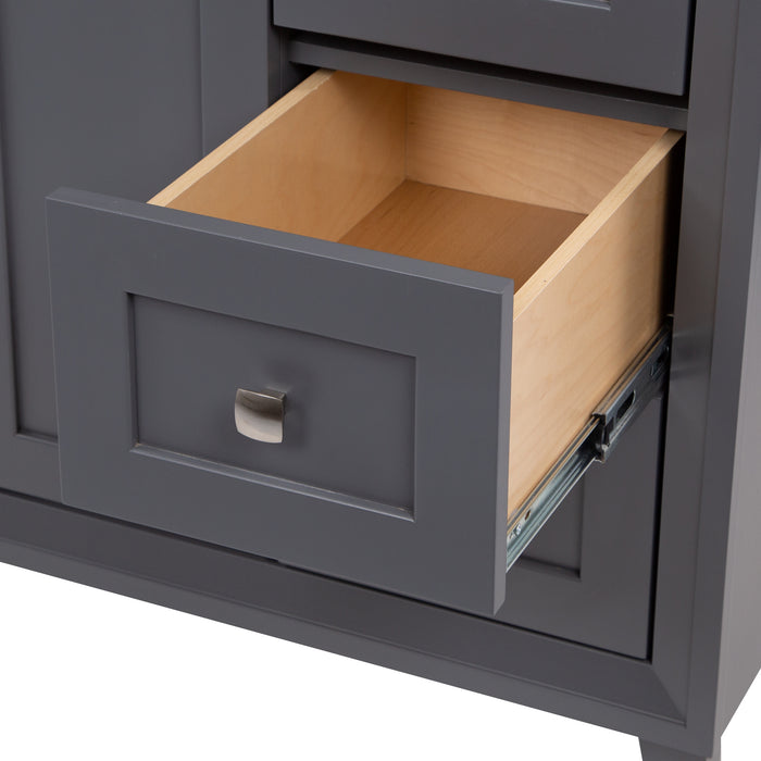 Up close view of extended middle drawer of the Beckett 49" wide furniture-style bathroom vanity with gray cabinet finish and fine grain nickel pull