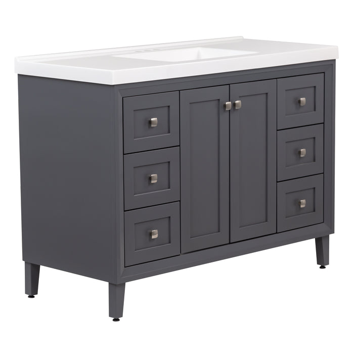 Angled side view image of the Beckett 49" wide furniture-style bathroom vanity with gray cabinet finish with white sink top, 2 soft-close doors, 6 drawers, and fine grain nickel pulls