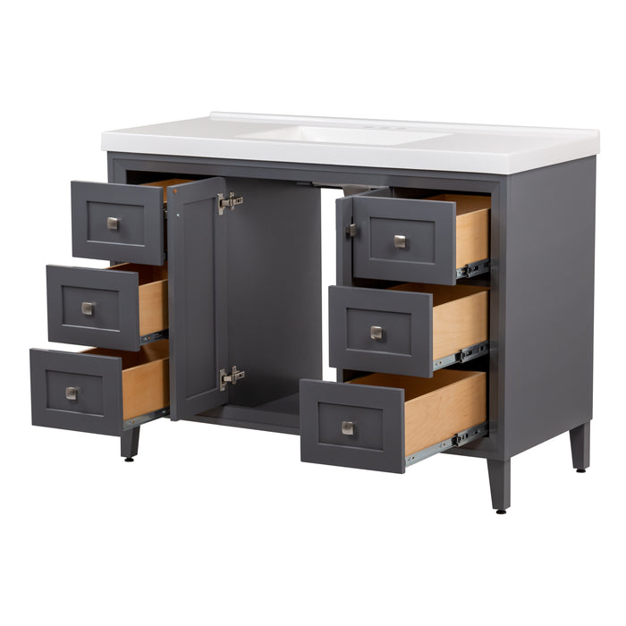 Image shows the Beckett 49" wide furniture-style bathroom vanity with gray cabinet finish with both soft-close cabinet doors opened and all six cabinet drawers extended