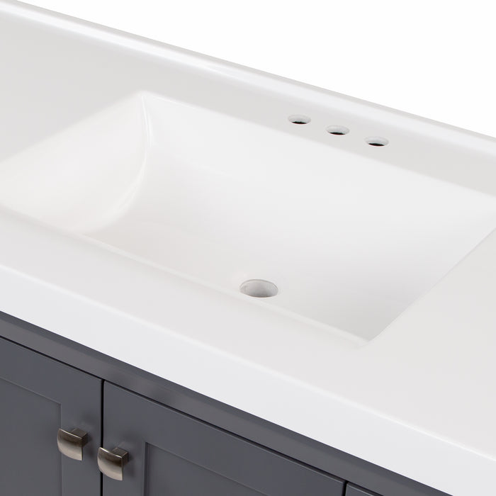 View of the white, predrilled sink top of Beckett 49" wide furniture-style bathroom vanity with gray cabinet finish