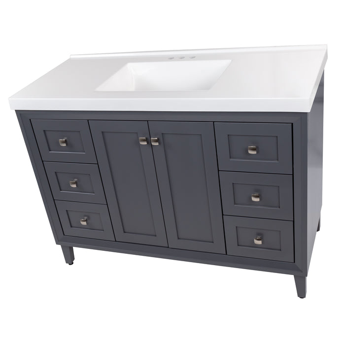 Angled top-down view of the Beckett 49" wide furniture-style bathroom vanity with gray cabinet finish and fine grain nickel pull, white, predrilled sink top, 2 soft-close doors, 6 drawers, and fine grain nickel pulls