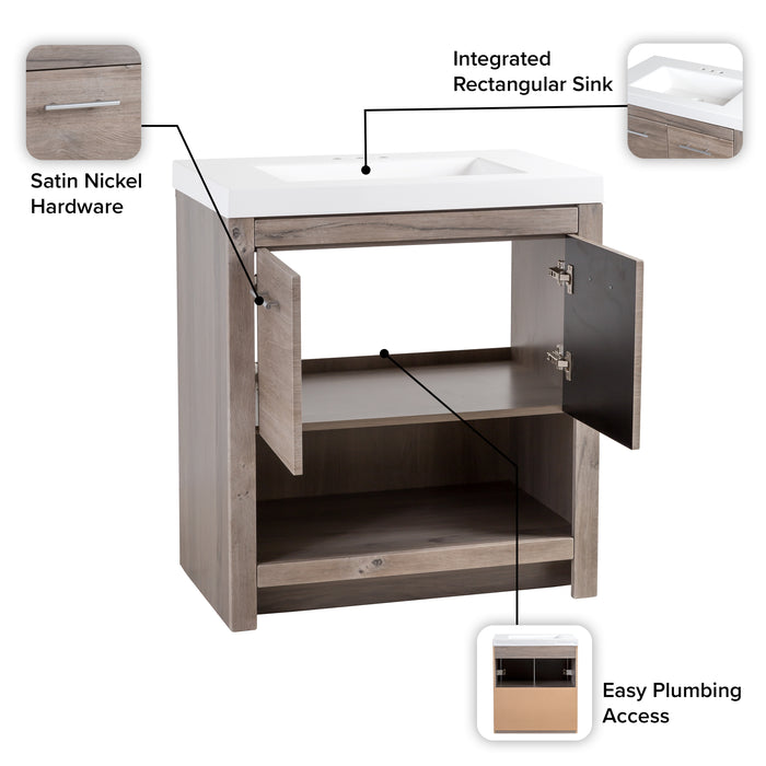 Features of Birney 30.5" W Freestanding Bathroom Vanity with 2-door cabinet, open shelf, white sink top